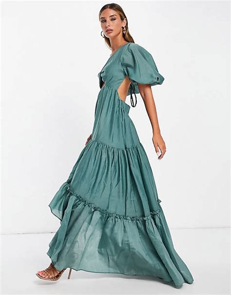 Asos Design Maxikleid Aus Voile Mit Puffärmeln Und Schnürung Am Rücken