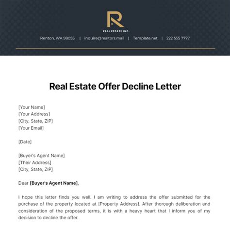 Free Real Estate Offer Decline Letter Template Edit Online And Download