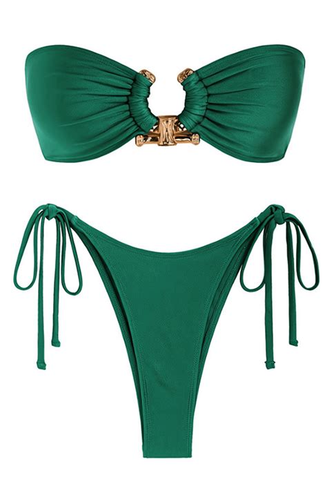 Metal Hammered Trim Bandeau Tie Side Bikini Set Green Floralkini