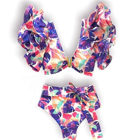 V Neck High Waist Bikini Sets Shoulder Ruffled Sexy Printed Swimsuit