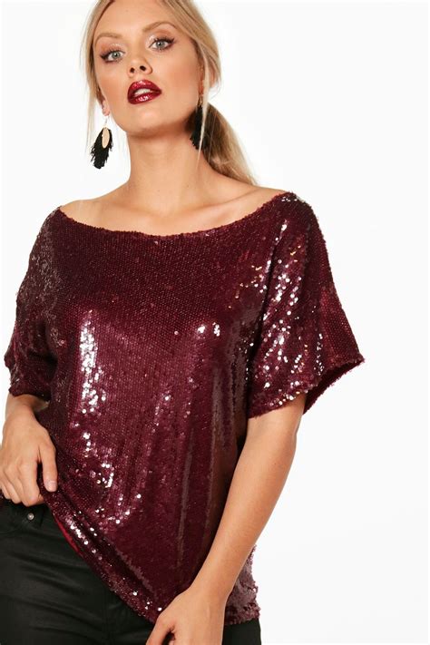 Plus Slash Sequin Neck Oversized Sequin Top Sequin Top Tops Sequins