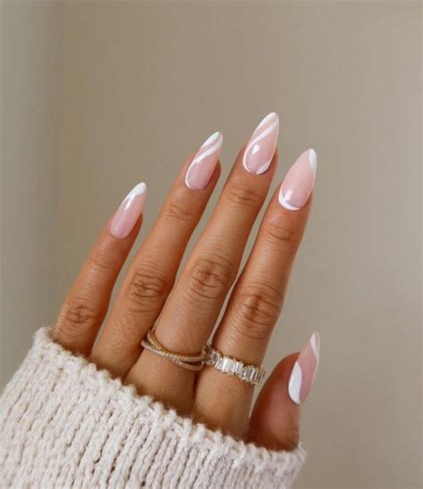 Nude Nails With White Details Swirl Almond Sheer Nails I Take You