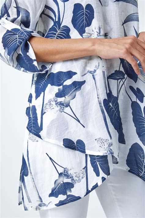 Navy Palm Print Wrap Hem Tunic Top Roman UK