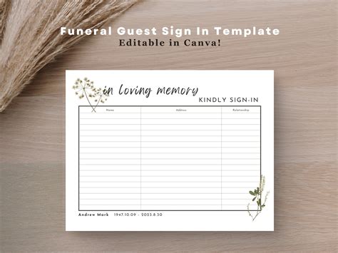 Funeral Guest Sign-in Sheet Template: Editable Canva Insert (digital