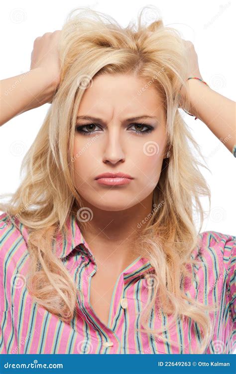 Het Portret Van De Close Up Van Een Zenuwachtige Blonde Vrouw Stock Afbeelding Image Of