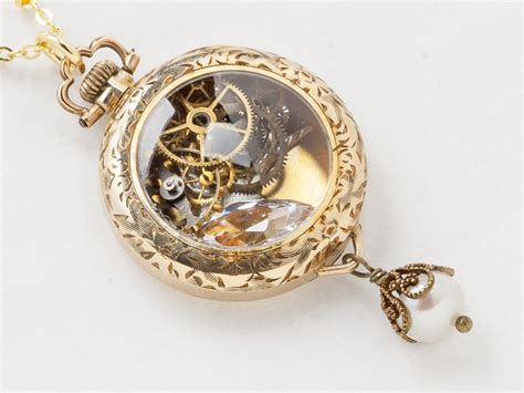 Steampunk Necklace 14k Gold Filled Watch Movement Case With Gears