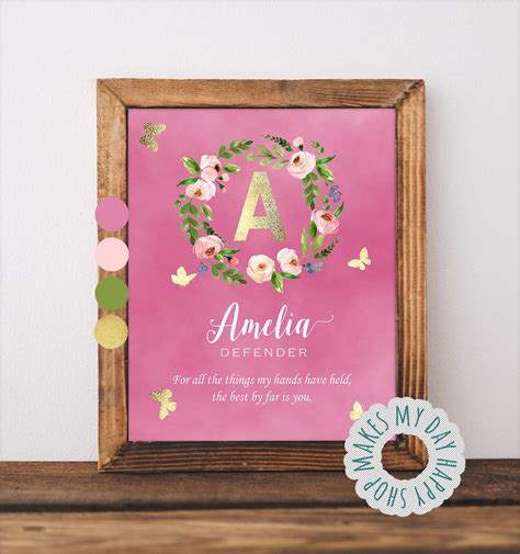 Personalized Name Meaningfloral Name Wall Artcustom Sign Namepink