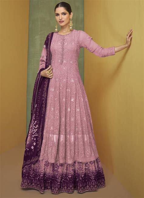 Buy Festival Wear Pink Sequins Work Faux Georgette Gown With Dupatta