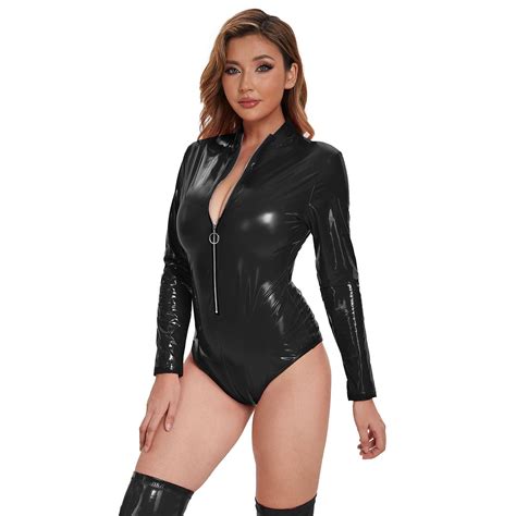 Women Shiny Leather Bodysuit Sexy Zipper Open Breast Glossy Pvc