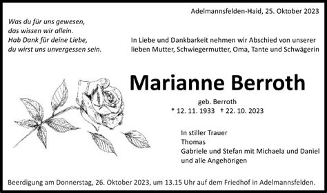 Traueranzeigen Von Marianne Berroth OstalbTrauer