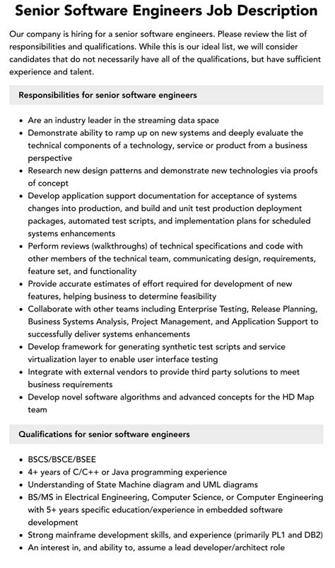 Senior Software Engineers Job Description Velvet Jobs