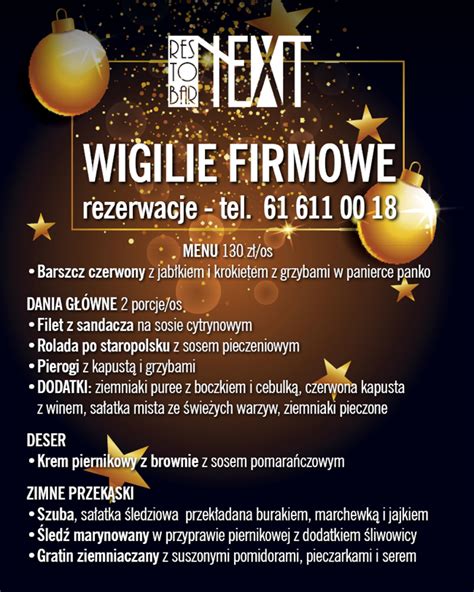 Wigilie Firmowe Next Resto Bar Wrze Nia