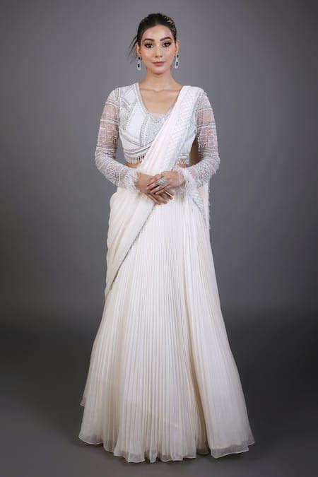 Buy Ivory Tulle Net Hand Embroidered Pleated Lehenga Saree With Blouse