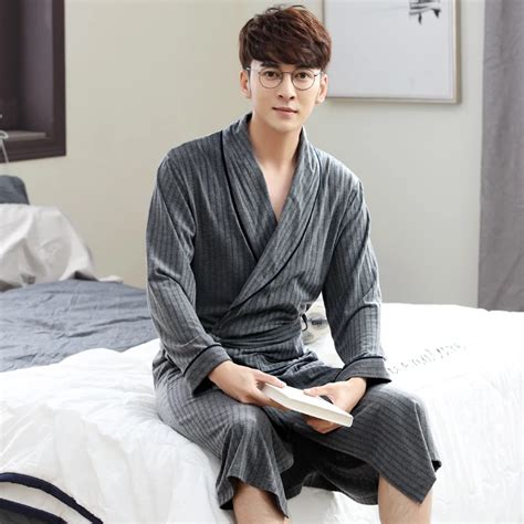 Mens Robes Spring And Summer Thin 100 Long Sleeve Cotton Rib Fabric