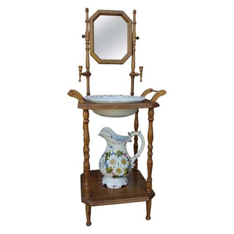 English Victorian Style Mirrored Washstand With Decorated Basin And