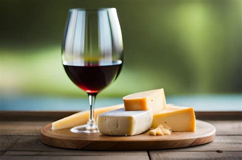 Premium AI Image | a glass of wine with cheese and cheese on a wooden tray.