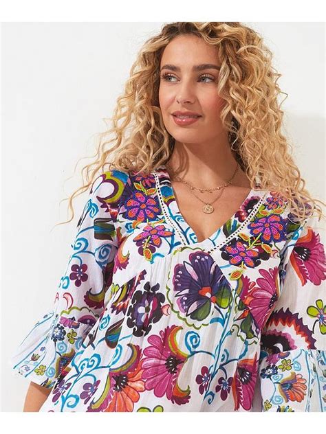 Joe Browns Floral Printed Beaded Tunic Top White Multi Uk