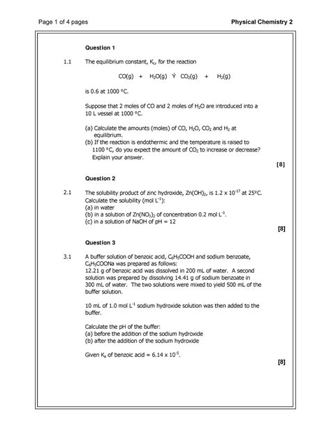 Exam Physical Chemistry Question 1 1 The Equilibrium Constant Kc For The Reaction Cog H