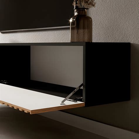 Mueble De Tv Colgante Negro Con Frente De Listones De Roble Artisan