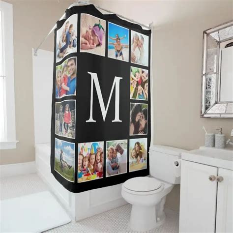 A Black And White Photo Collage Shower Curtain With The Letter M On It