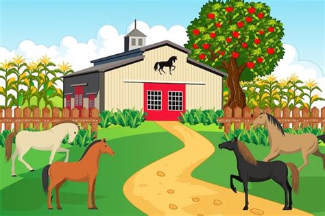 Premium Vector | Horse barn with trees and horse