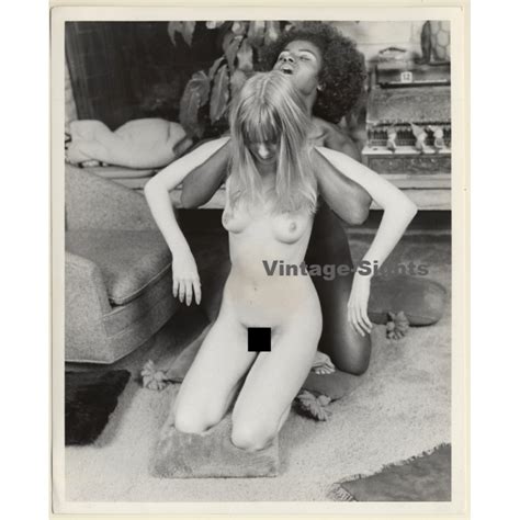 Slim Dark Skinned Nude Holds Blonde Girlfriend Lesbian Int Vintage