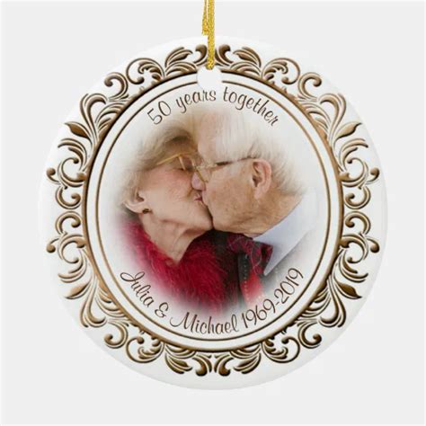 50th Wedding Anniversary Golden Frame Custom Photo Ceramic Ornament Zazzle