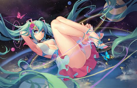 Aqua Eyes Aqua Hair Atdan Breasts Butterfly Cleavage Dress Hatsune Miku