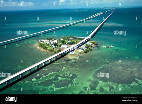 Florida Keys Seven Mile Bridge Aerial green water blue sky background ...