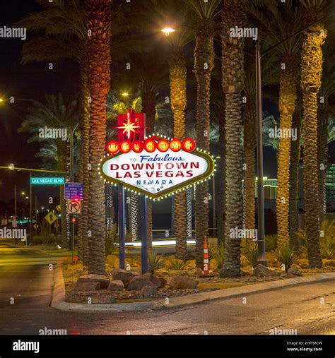 The downtown Las Vegas sign at night Stock Photo - Alamy