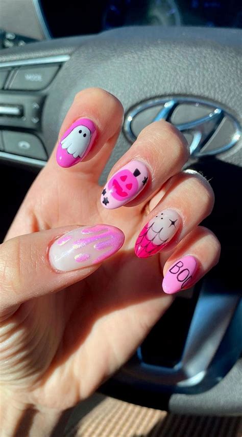 50 Cute Spooky Halloween Nail Ideas Mismatched Pink Halloween Nails 1 Fab Mood Wedding