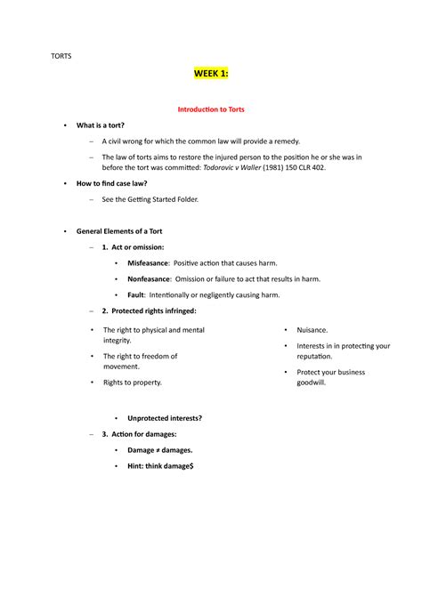 Torts 1 Torts Week 1 Introduction To Torts What Is A Tort A Civil