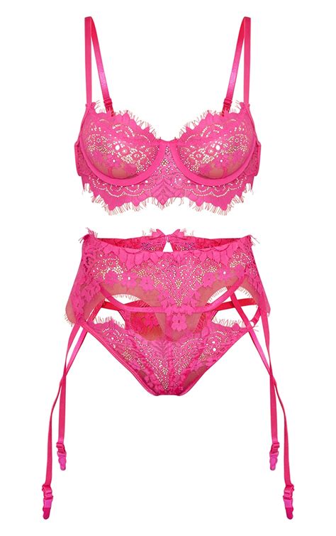 Ensemble De Lingerie Pi Ces En Dentelle Rose Flashy Florale