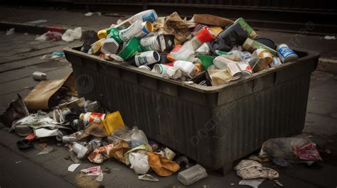 Trash Can Surrounded By Garbage On A Street Background Garbage Picture