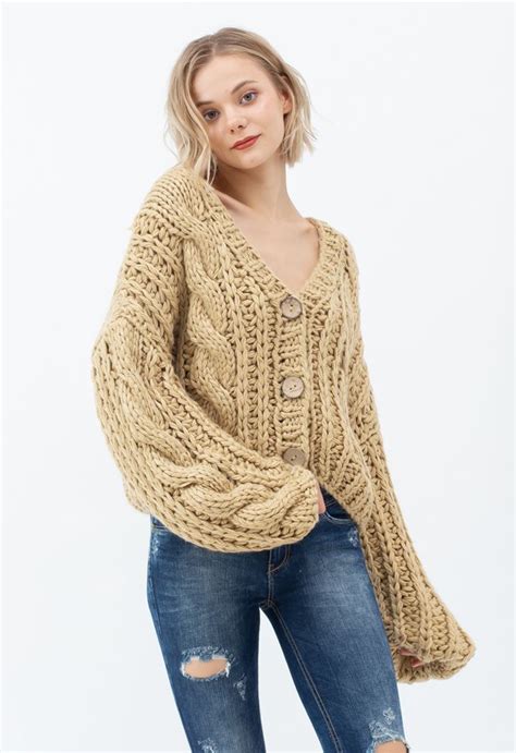 V Neck Crop Hand Knit Chunky Cardigan In Camel Retro Indie And Unique Fashion