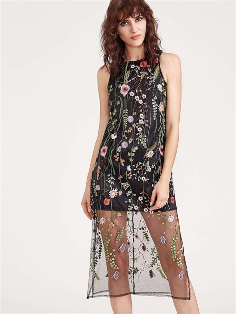 Black Embroidered Mesh Overlay Sleeveless Dress SheIn Sheinside