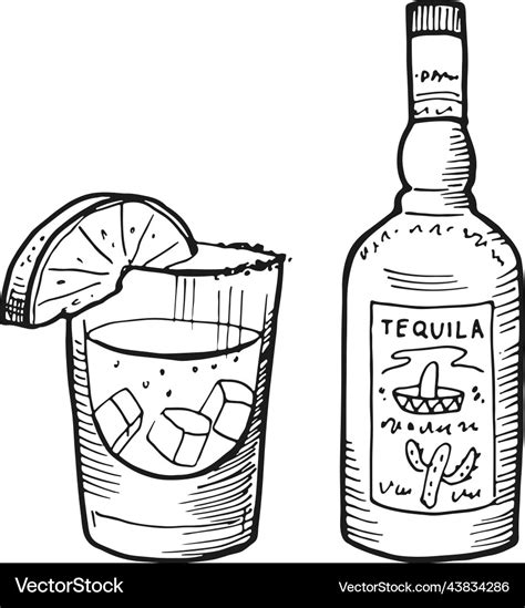 Tequila Icon Engraved Bottle And Drink Glass Vector Image