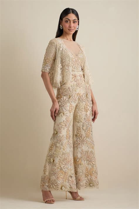 Buy Ivory Organza And Net Embroidered Cutdana Jumpsuit Floral With