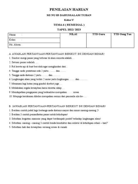 Soal Tematik Kelas 5 Sd Tema 6 Remedial Pdf