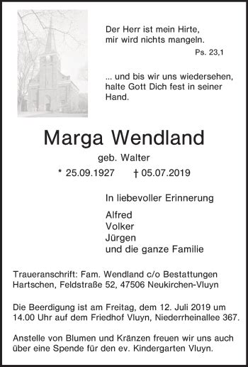 Traueranzeigen Von Marga Wendland Trauer In NRW De