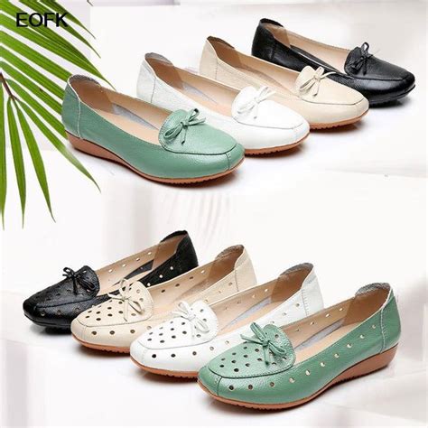 Women S Genuine Leather Butterfly Knot Round Toe Flat Slip On Shoes