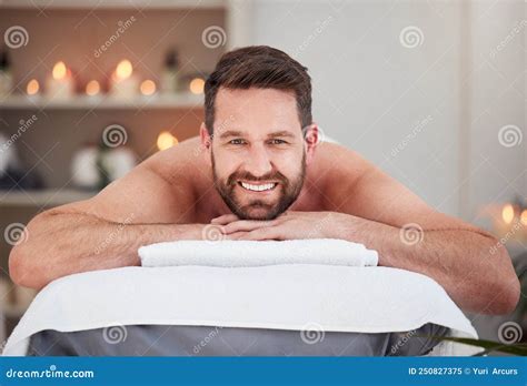 Portrait Handsome Caucasian Man Lying On A Table At The Spa For His Back Massage Shirtless Man