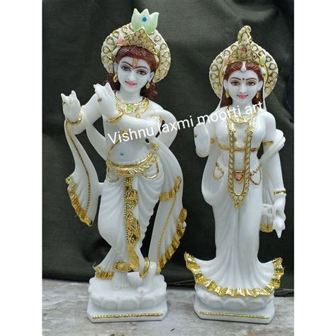 Painted Hindu White Marble Radha Krishna Statue For Worship Size