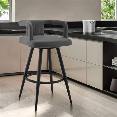 Gabriele 30 Gray Faux Leather And Black Metal Swivel Bar Stool