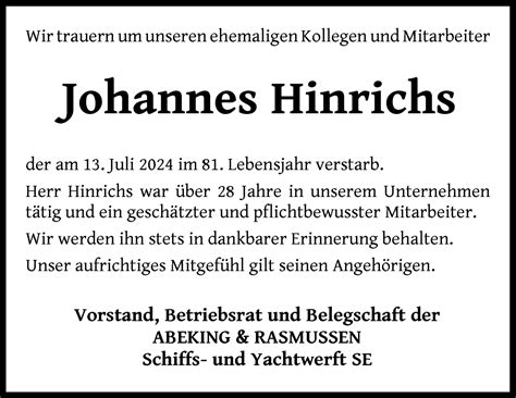 Traueranzeigen Von Johannes Hinrichs Trauer Gedenken