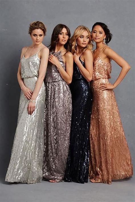 Bridesmaids In Mismatched Metallic Bridesmaids Dresses Sequin