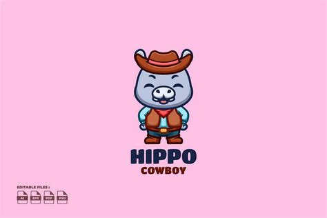 Cowboy Hippo Cute Kawaii Creative Mascot Graphic By Ajiwaluyo88