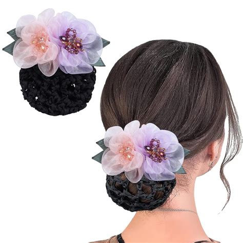 MAYCREATE Hair Snood Net Barrette Bun Cover Floral Hair Bun Clips For