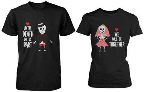 His And Hers Cute Couple Shirts For Halloween Skeleton Bride Groom Tee