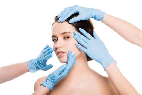 Cropped View Plastic Surgeon Blue Latex Gloves Touching Face Beautiful